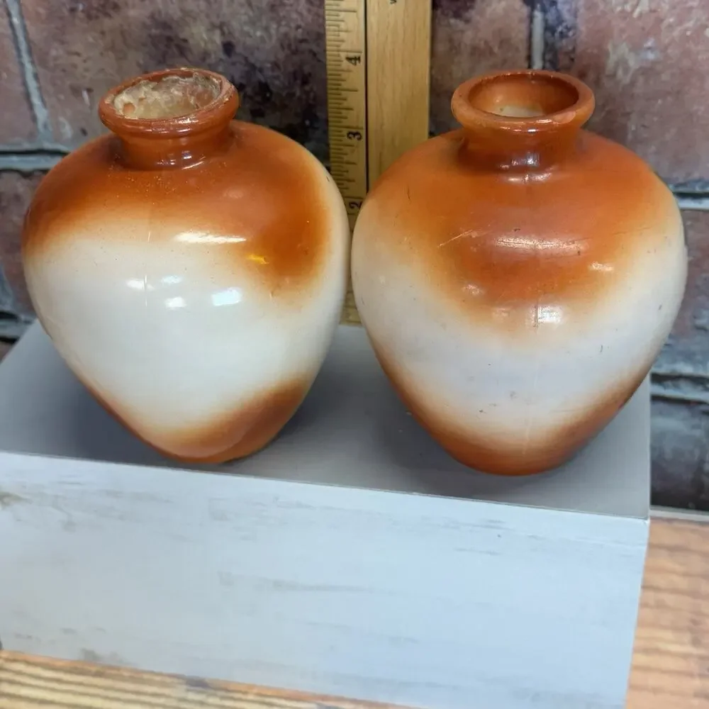 Set of 2 Antique 1900-1920's Fostoria Milk Glass Bulbous Vases Hand-Painted Rose